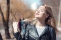 outdoor portrait of a beautiful middle aged blonde woman. attractive girl in a field Royalty Free Stock Photo