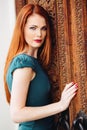Outdoor portrait of beautiful redhead young woman