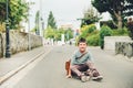 Outdoor portrait of funny little schoolboy Royalty Free Stock Photo