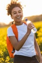Mixed Race African American Girl Teenager Hiking Drinking Water Royalty Free Stock Photo