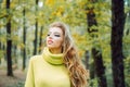 Outdoor portrait Gorgeous brunette model girl with sunny day light. Autumn woman having fun at the park and smiling Royalty Free Stock Photo