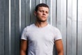 Outdoor portrait of a handsome young man in jeans and gray t-shirt. Royalty Free Stock Photo