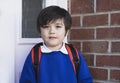 Outdoor portrait of happy child boy with backpack, Head shot of School kid wearing uniform,Pupil of primary going to school,Young