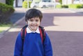 Outdoor portrait of happy child boy with backpack, School kid waiting for school bus, Pupil of primary going to school,Young stude