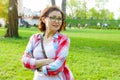 Outdoor portrait middle aged woman. Background city park Royalty Free Stock Photo