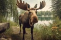 Outdoor portrait of moose in forest