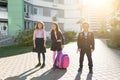 Outdoor portrait of smiling schoolchildren in elementary school. Group of kids with backpacks are having fun, talking Royalty Free Stock Photo