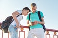 Outdoor portrait of two talking boys teenagers 15, 16 years old Royalty Free Stock Photo