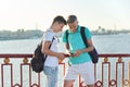 Outdoor portrait of two talking boys teenagers 15, 16 years old Royalty Free Stock Photo