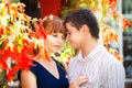 Outdoor portrait of young sensual couple. Love and kiss. Summer