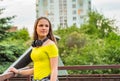 Outdoor portrait of young teenager brunette girl