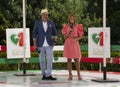 Outdoor Portuguese TV show `7 Maravilhas da Cultura Popular` with the hosts Helder Reis and Sonia Araujo from RTP.