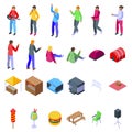 Outdoor public party performance icons set isometric vector. Air live concert