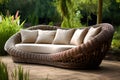 Outdoor rattan chairs sofa. Generate Ai Royalty Free Stock Photo
