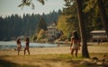 Outdoor Recreation: Friends Engaged in Volleyball Match near Tents