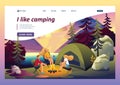 Outdoor recreation friends by the fire at sunset, camping. Flat 2D character. Landing page concepts and web design