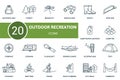 Outdoor recreation outline icons set. Creative icons: backpack bag, forest, mosquito, binoculars, boots, bow saw, camp