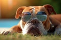 Outdoor relaxation Purebred bulldog enjoys sunbathing with stylish cool sunglasses