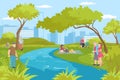Outdoor rest at river, leisure at summer park nature vector illustration. Cartoon man woman people recreation at