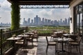 outdoor restaurant with view of city skyline, featuring a variety of international cuisines