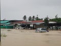 Outdoor scenery during raining season with flash flood at Menggatal Road.