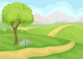 Scenery with tree, ground road and green meadows, mountains and blue sky. Natural landscape. Cartoon vector design Royalty Free Stock Photo