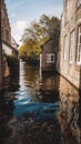 Outdoor scenic landscape from Bruges, Belgium. Beautiful reflection in the water of river in the city center of Brugge. Brick Royalty Free Stock Photo