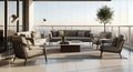 Outdoor seating area with modern furniture on a balcony. Features a set of cushioned sofas Royalty Free Stock Photo