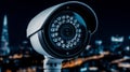 Outdoor security camera on blurred city skyline at night