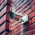 Outdoor security camera mounted on rustic red brick wall Royalty Free Stock Photo