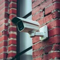 Outdoor security camera mounted on rustic red brick wall Royalty Free Stock Photo