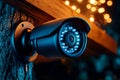 Outdoor security camera mounted on a tree at night with warm lights, capturing a detailed and vibrant scene Royalty Free Stock Photo