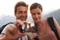 Outdoor, selfie or happy couple trekking for travel for vacation memory, holiday or sightseeing. Hiking picture, photo Royalty Free Stock Photo