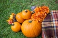 An outdoor set up of a crate with a fall autumn plaid brown blanket and lots of bright orange pumpkins and flowers for