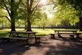 outdoor setting with empty benches