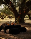 a thanksgiving table with pumpkins and a tree Royalty Free Stock Photo