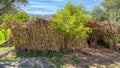 Outdoor shelter serving a meal in a Berber village in the Ouirgane Valley in the heart of the Toubkal National Park in Morocco. Royalty Free Stock Photo