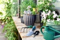 Outdoor sheltered potting bench with garden tools to care and maintain garden landscapes