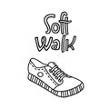 Outdoor shoes with handwritten phrase Soft walk Royalty Free Stock Photo