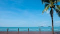 Outdoor shot of beautiful beach ocean scenery with wooden deck walk way beside the sea and coconut tree. With clear blue sky, Royalty Free Stock Photo