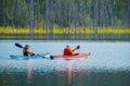 Outdoor shot of mature man canoeing in the lake. Friends kayaking on the river on a sunny day. Kayaking on the lake Royalty Free Stock Photo