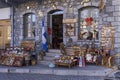 Outdoor showcase day view of gifts and souvenirs Greek shop in Vytina village