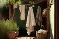 outdoor shower with clothesline and hanging towels, in serene natural setting
