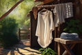 outdoor shower with clothesline and hanging towels, in serene natural setting