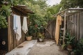 outdoor shower with clothesline and towels for after beach days