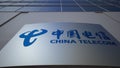 Outdoor signage board with China Telecom logo. Modern office building. Editorial 3D rendering Royalty Free Stock Photo