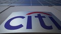 Outdoor signage board with Citigroup logo. Modern office building. Editorial 3D rendering