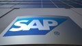 Outdoor signage board with SAP SE logo. Modern office building. Editorial 3D rendering