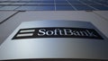Outdoor signage board with SoftBank logo. Modern office building. Editorial 3D rendering