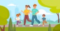 Outdoor sport activity. Happy family on park jogging, parents and children engaged running, mother father and kids